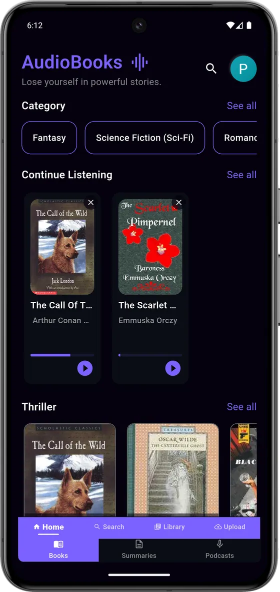 Twingle audiobook home screen, free audiobook library