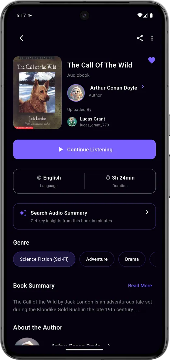 Book detail screen in Twingle with title, cover, synopsis and a free listen button