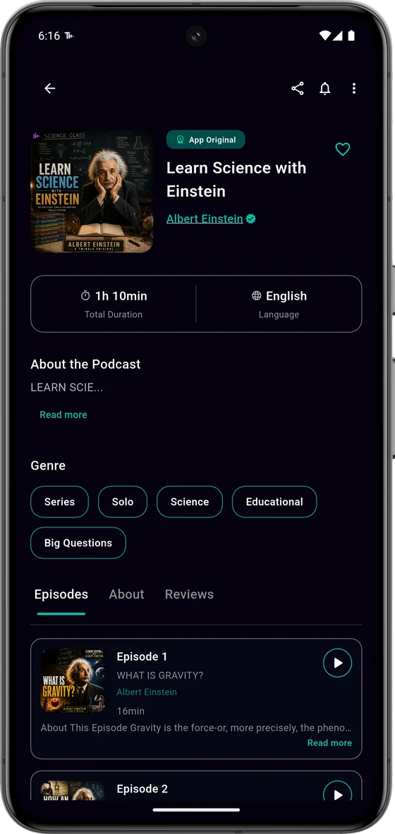 Podcast show preview in Twingle with episode list and play controls