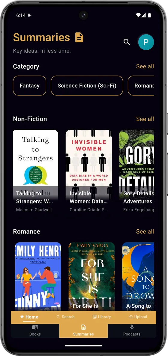 Twingle book summaries home screen, key ideas in less time
